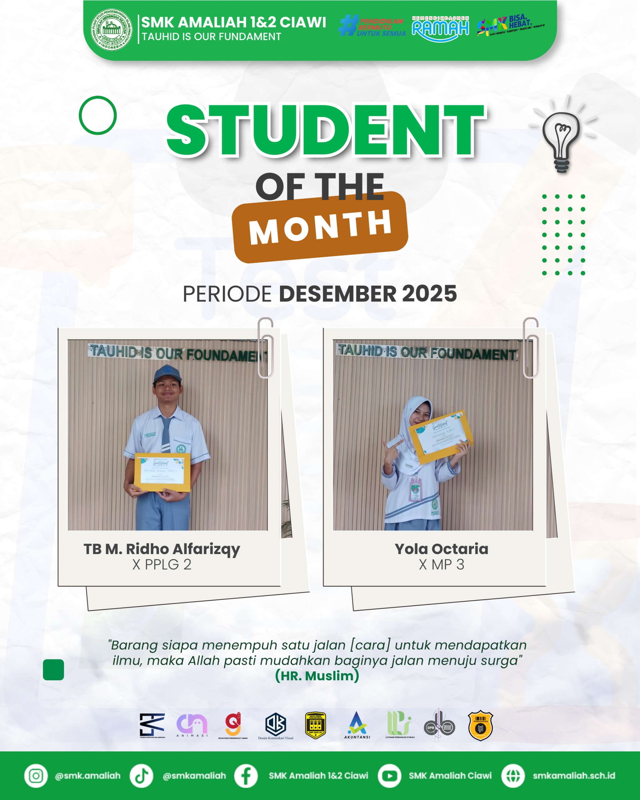 Apresiasi Murid, SMK Amaliah 1 dan 2 Ciawi Umumkan Best Students of The Month